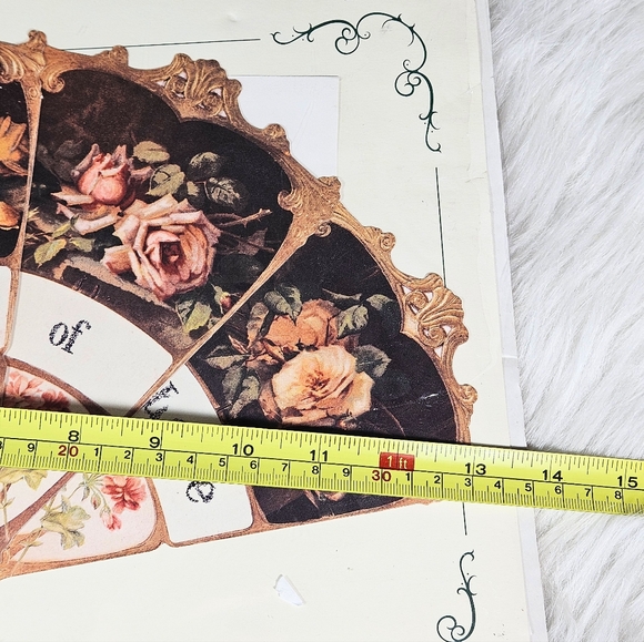 NIB Vintage Old Print Factory Greeting Card Hand Fan Victorian Roses Tassel Repo - Picture 6 of 6